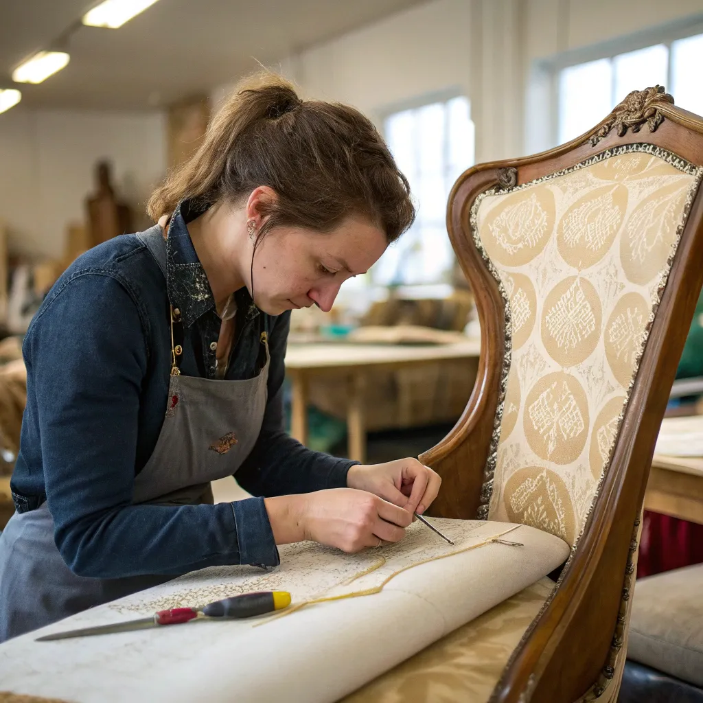 Emily mastering upholstery techniques
