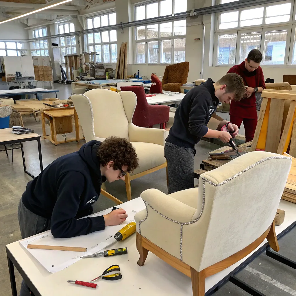 Workshop with students learning upholstery